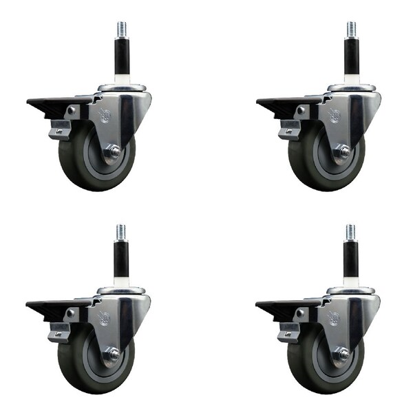 3.5'' Gray Poly Swivel 7/8'' Expanding Stem Caster Set with Brake, 4PK